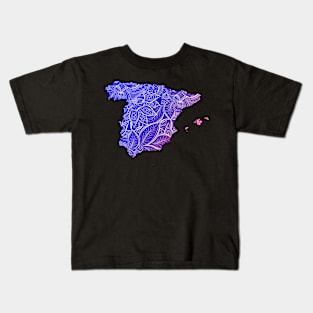 Colorful mandala art map of Spain with text in blue and violet Kids T-Shirt